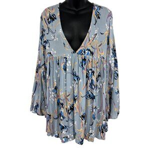 Free People Floral Blouse Top Medium M Gray Blue Pink Women Boho Babydoll VGUC